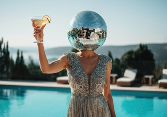 Woman with a disco ball head holding a cocktail by the poolside