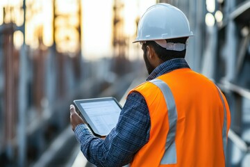 civil engineer or architect with hardhat on construction site checking schedule on tablet computer