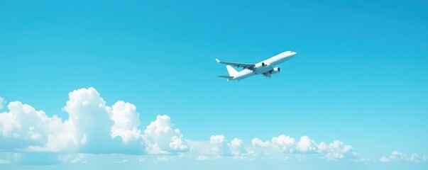 Naklejka premium Airplane in flight, minimalist blue sky background, jet, perspective
