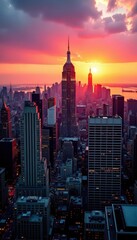 Fototapeta premium Aerial sunset NYC skyline, skyscrapers ablaze , metropolis, horizon