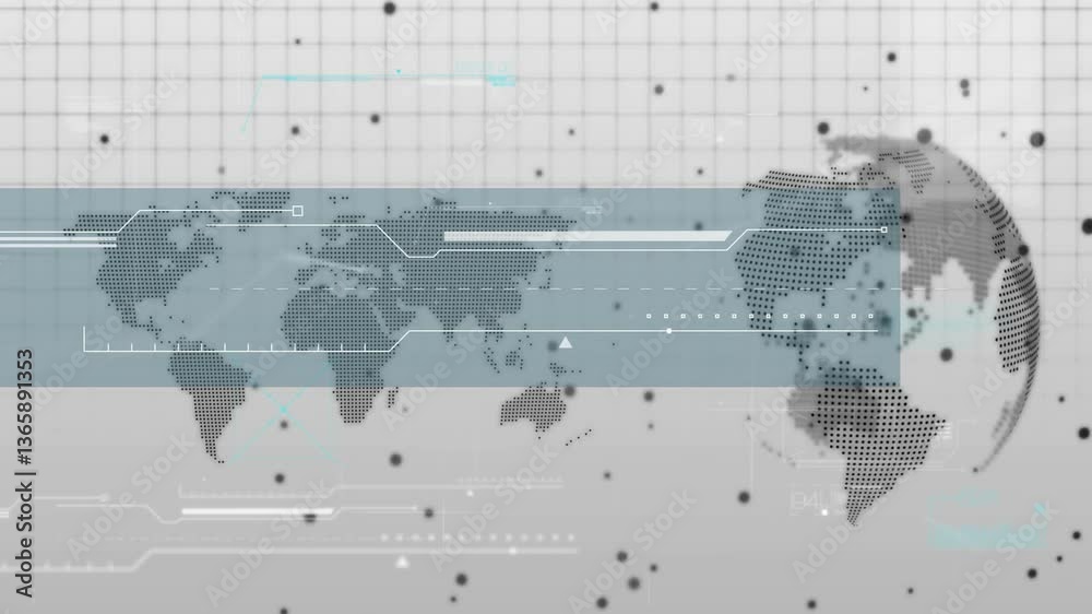 Poster digital world map with data processing animation over grid background