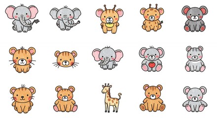 Obraz premium Cute Cartoon Animal Collection Featuring Elephant Giraffe Tiger and Mouse