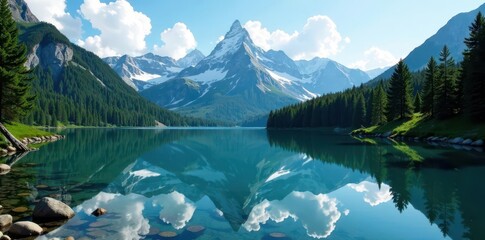 Snow-capped peaks mirror in pristine alpine lake, evergreen forests surround , wild, snow