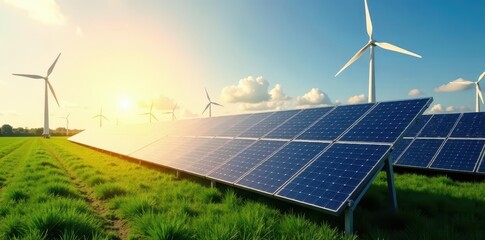 Solar panels, wind turbines, battery storage system, photovoltaic, sky