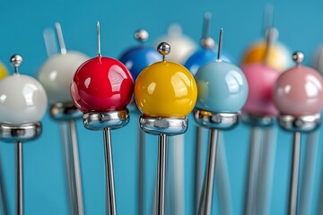 Colorful balls on pins with blue background.