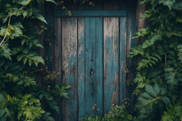 Charming green wooden door in ivy wall. Ideal for fairytale themes, garden photography, rustic charm, sustainable living and peaceful countryside escapes.

