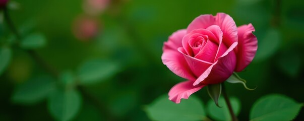 Obraz premium Deep pink rosebud nearing full bloom, nestled amongst vibrant green foliage , flower, photography, spring