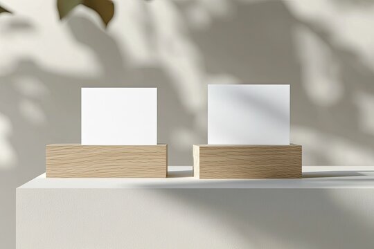 Two square white cards display on wood block, abstract botanical shadow overlay