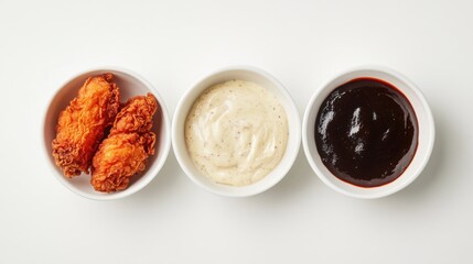 Golden fried chicken served with three different dipping sauces