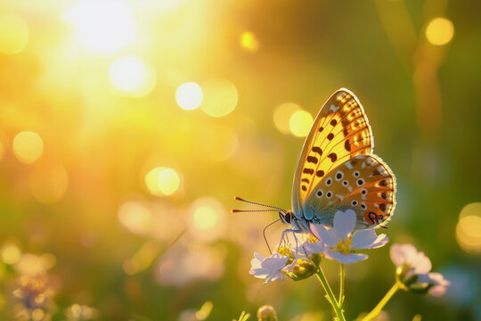 Butterfly resting on wildflower in golden light. Tranquil meadow scene, soft focus, nature beauty, spring atmosphere, dreamy bokeh background. - Powered by Adobe