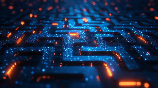 An abstract digital maze pattern symbolizing an ethical dilemma, with interconnected circuit elements in a deep blue tech aesthetic, reflecting modern challenges and decision-making complexities
