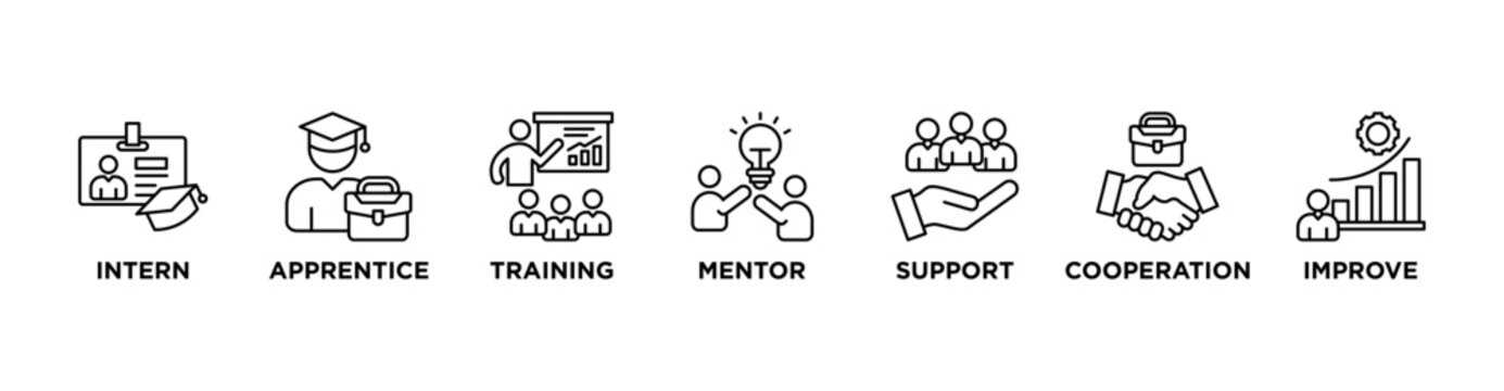 Trainee banner web icon vector illustration concept for internship training and learning program apprenticeship with an icon of intern, apprentice, training, mentor, support, cooperation and improve	