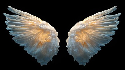 Angel wings with intricate feather details, radiating a serene and ethereal presence.
