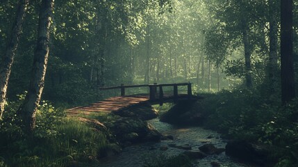 Fototapeta premium Tranquil forest stream crossing enchanted woodland nature photography lush green environment serene viewpoint peaceful concept