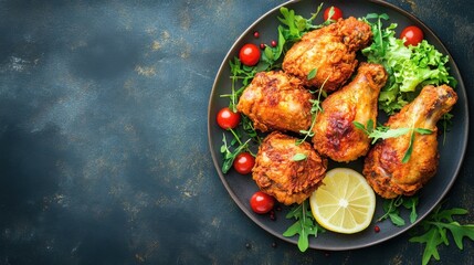 Fototapeta premium Rustic fried chicken plate with garnish and cozy presentation