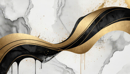 Elegant abstract design featuring flowing black and gold waves on textured marble background, creating luxurious and modern aesthetic. interplay of colors evokes sophistication and style