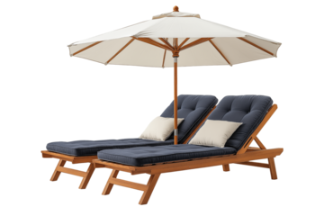 2 wooden sun lounger and umbrella, cut out