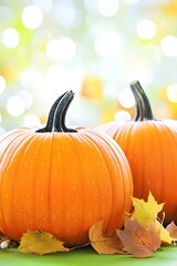Two Pumpkins with Autumn Leaves on Green Background