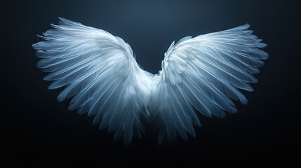 Angel wings with intricate feather details, radiating a serene and ethereal presence.
