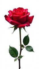 Naklejka premium Vibrant red rose, stark white isolated background , bloom, leaf, crimson