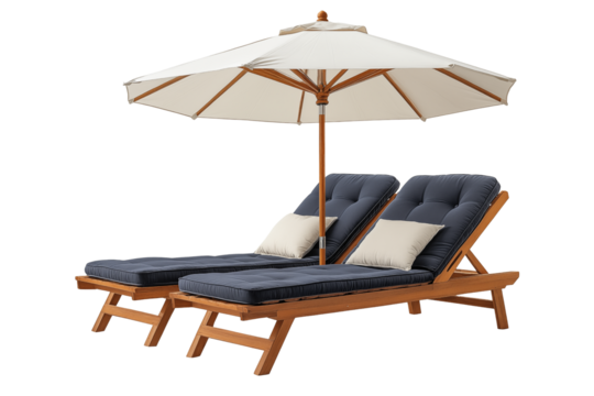 2 wooden sun lounger and umbrella, cut out