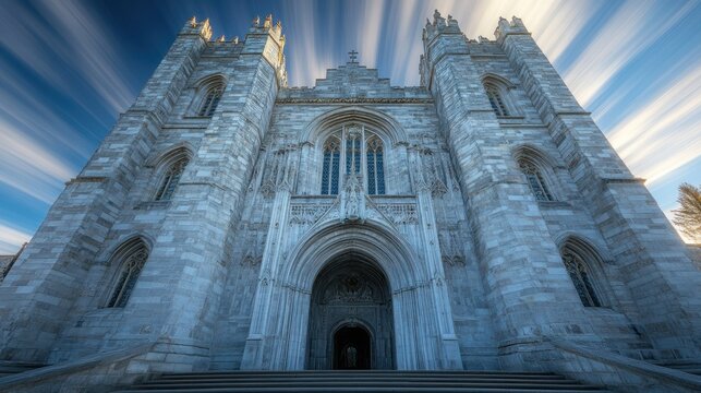 Majestic stone church facade, dramatic sky
