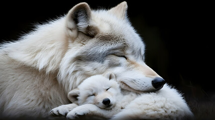 Obraz premium Close Up Mother Wolf And Baby Wolf Portrait