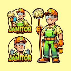 Creative Janitor Character with Mop mascot Logo character cartoon vector