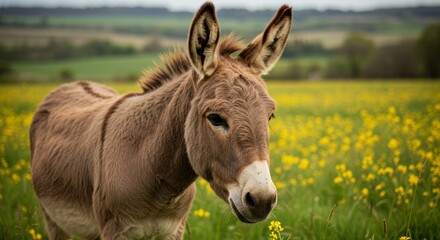 Fototapeta premium Charming donkey portrait captured in a vibrant meadow with yellow flowers