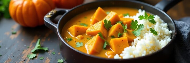 Golden sweet potato & pumpkin curry stew simmering in a saucepan, fluffy rice alongside , orange, home cooking