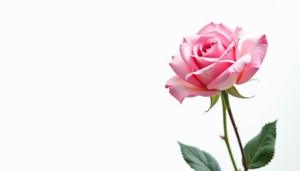 Fototapeta premium Single pink rose against stark white, showcasing its soft petals, pink rose, single rose
