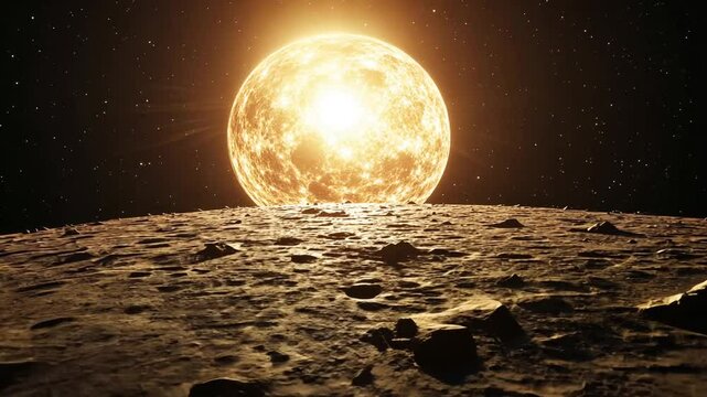 Abstract visualization of a distant planet surface illuminated by a radiant, glowing star
