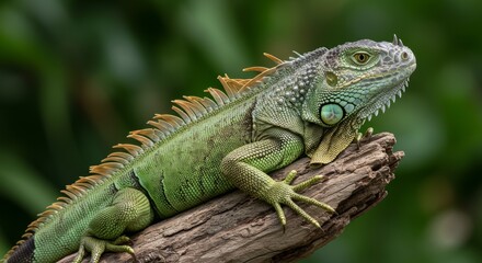 Obraz premium Elegant green iguana portrait capturing its intricate details on wooden branch