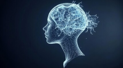 Obraz premium A glowing wireframe silhouette of a human head depicting neural connections and electric impulses.