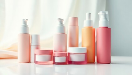 Various cosmetic containers arranged on white, lotion, cosmetic, clean