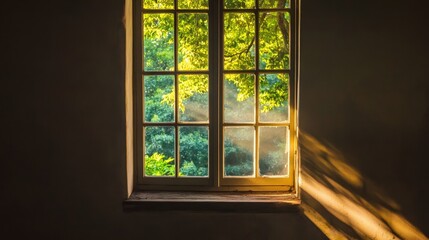 Fototapeta premium Sunlight streams through a rustic window, illuminating a serene green landscape outside in morning glow Generative AI