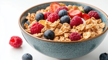 A fresh bowl of cereal with milk and fruits, isolated on a white background, healthy and vibrant