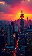 Obraz premium High angle, fiery sunset paints NYC buildings , illumination, metropolis