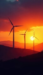 Obraz premium Sunset silhouettes wind turbines on rolling hills, golden light , landscape, wind turbine, power