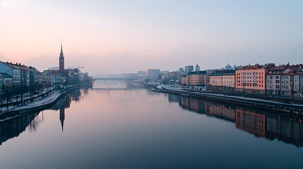 Fototapeta premium Cityscape View Of European City Buildings Reflecting In Calm River At Dusk Under Cloudy Sky