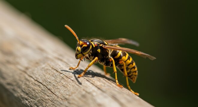 Vibrant wasp resting on weathered wood, displaying detailed patterns