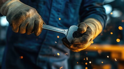 Calloused workers hands using glove gripping a wrench, symbolizing labor and hard work