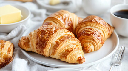 Croissants on the table for breakfast, accompanied by coffee and butter served on white ceramic plates
