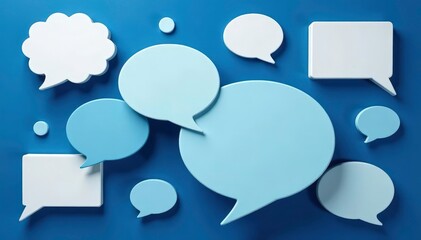 Fototapeta premium White speech bubbles on dark blue, geometric layout, print, abstract