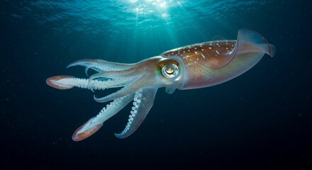 Naklejka premium A graceful squid swims through the sunlit depths of the vast ocean habitat