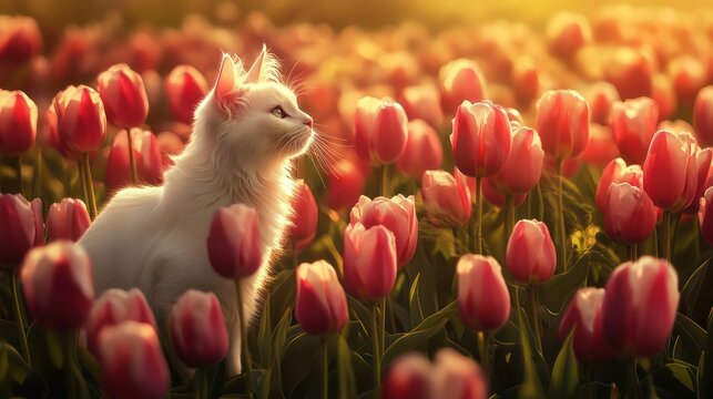 White kitten in tulip field at sunset; spring postcard