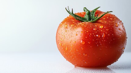A fresh tomato with droplets of water, isolated on a white background, bright and crisp