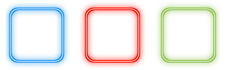Set of Neon Rounded Square Frames. neon frame isolated on transparent background. Blue, Red, Green Glowing Borders