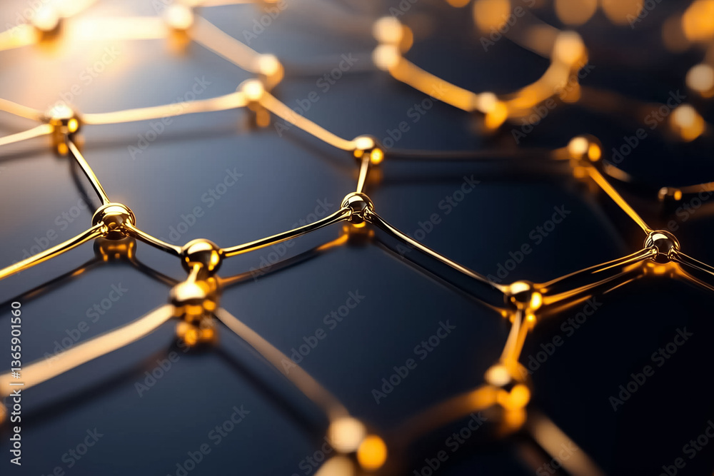 Poster golden connections creating complex network on dark background. illuminated elements highlight techn
