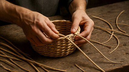 Close-up of artisan hands weaving a wicker basket with natural straw on a wooden table